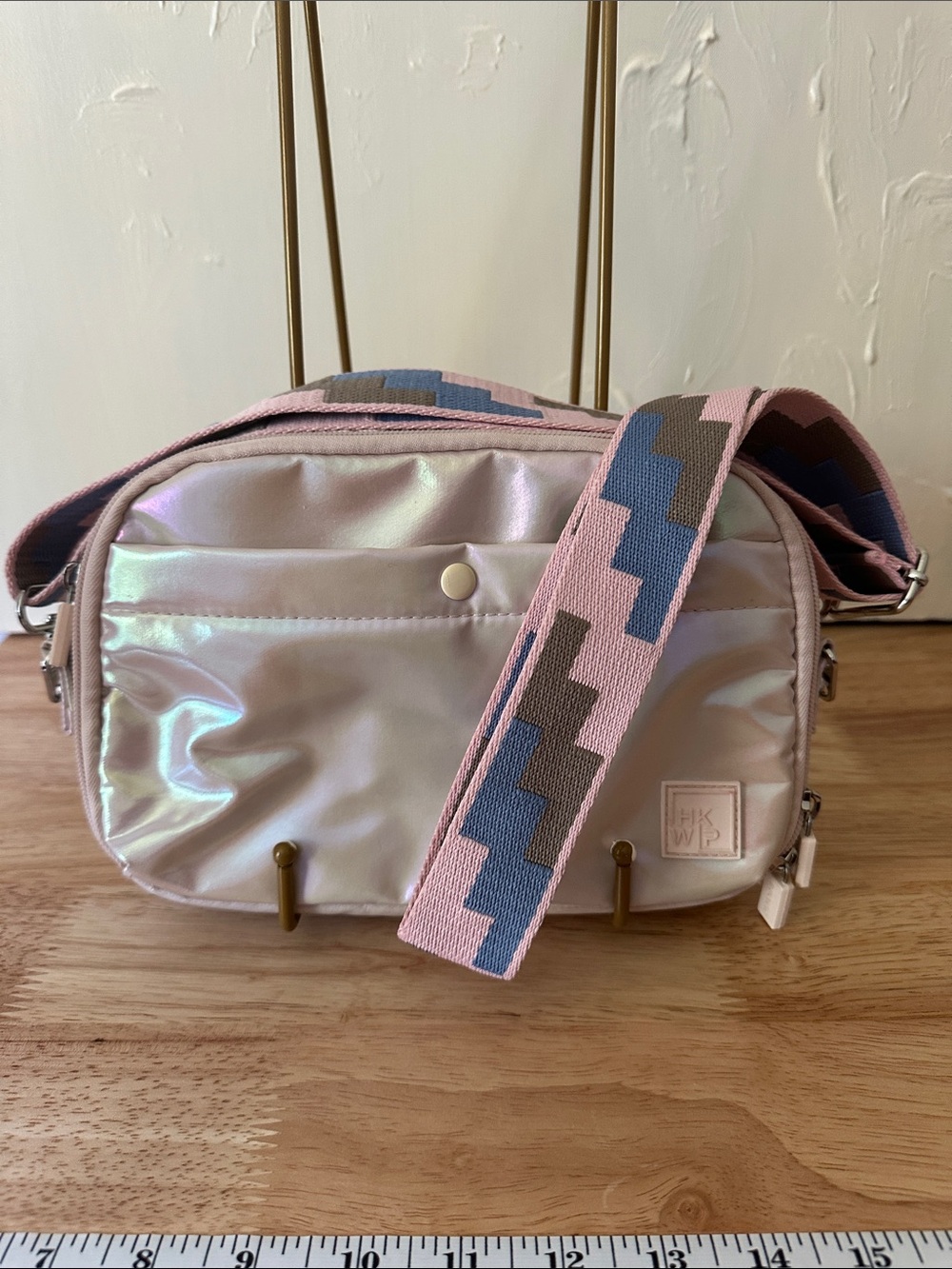 QVC IHKWP Iridescent Pink Crossbody Bag with Patterned Strap